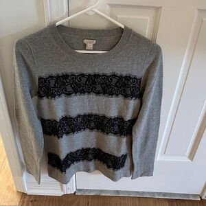 J. Crew Gray and Black Lace Detail Sweater